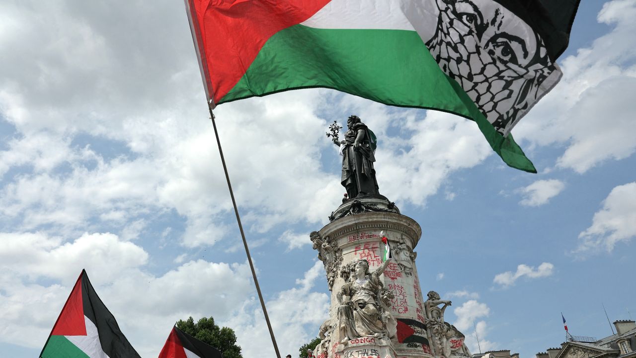 Protesters wave Palestinian flags during a pro-Palestinian demonstration called by several French unions at the Place de la République in Paris on June 14, 2025.