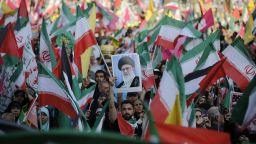 TEHRAN, IRAN  JUNE 14: Demonstrators take part in anti-Israel and anti-U.S. demonstrations after Ghadir Khumm celebrations turned into protest marches in response to Israeli attacks on June 14, 2025, in Tehran, Iran. Marchers gathered at Enghelab Square after walking from Azadi and Imam Hussein Squares, chanting slogans such as "Revenge, revenge," and calling for stronger retaliation against Israel. Protesters held Iranian flags and carried posters of Supreme Leader Ayatollah Ali Khamenei. (Photo by Fatemeh Bahrami/Anadolu via Getty Images)