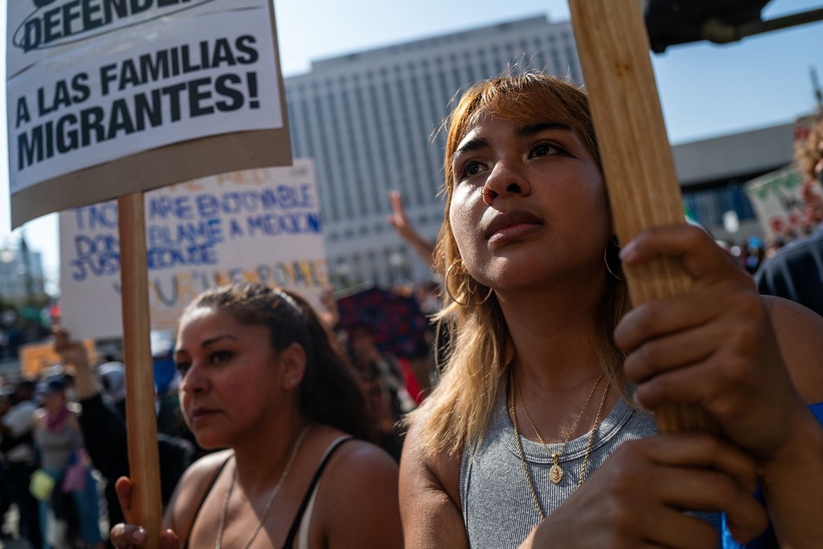 People protest in Los Angeles on Monday.