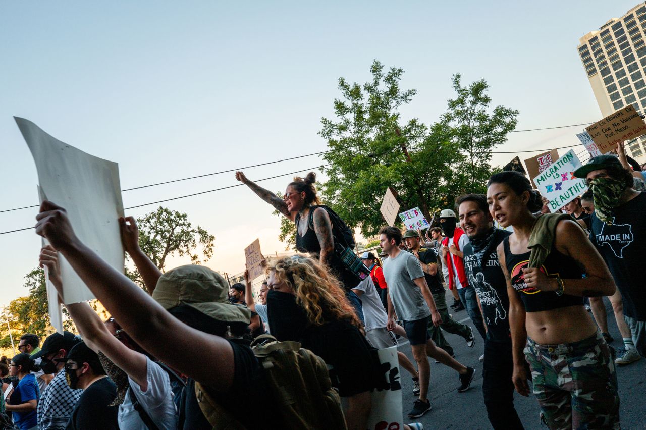 People march through downtown Austin, Texas, during a demonstration on Monday.