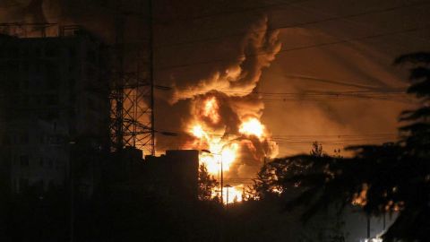 A fire blazes in the oil depots of Shahran, northwest of Tehran, on June 15, 2025. Israel and Iran exchanged fire on June 14, a day after Israel unleashed an unprecedented aerial bombing campaign that Iran said hit its nuclear facilities, "martyred" top commanders and killed dozens of civilians. (Photo by ATTA KENARE / AFP) (Photo by ATTA KENARE/AFP via Getty Images)          