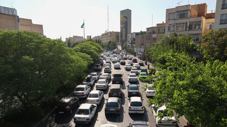 Traffic builds as people flee Tehran on June 15.