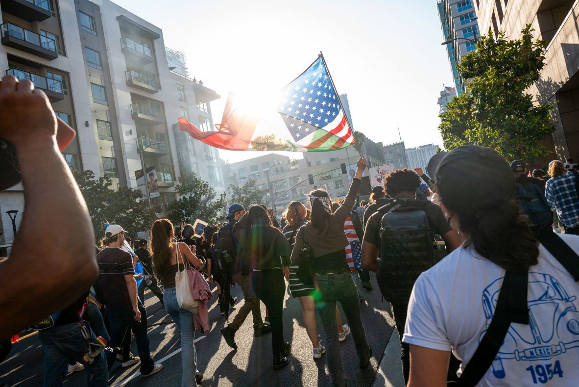 Protesters move through downtown Los Angeles on Tuesday.
