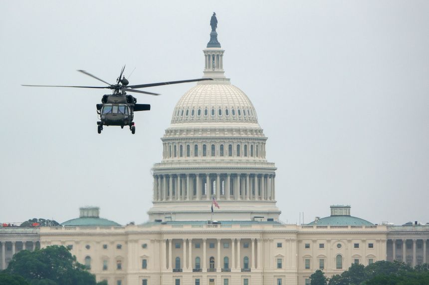 A US Army Black Hawk helicopter in flight on June 15, 2025 in Washington, DC.