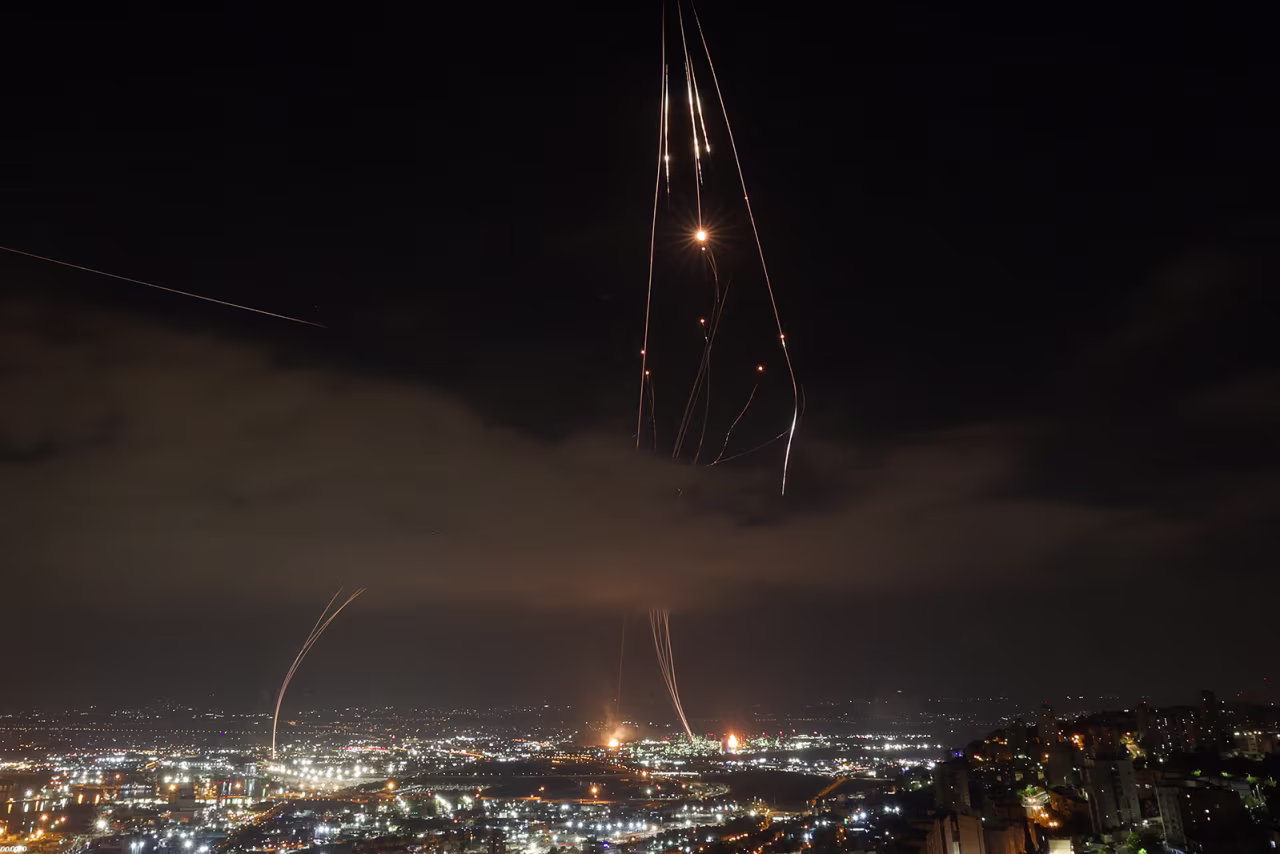 Israeli air defence systems are activated to intercept Iranian missiles over the Israeli city of Haifa amid a fresh barrage of Iranian rockets on Monday.