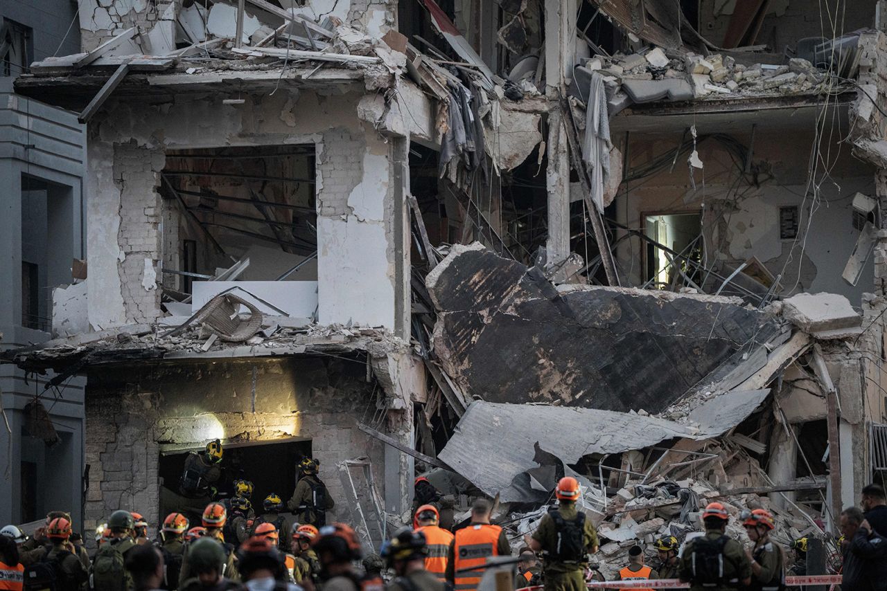 A building was destroyed in central Tel Aviv by Iran's missile strikes on Monday.