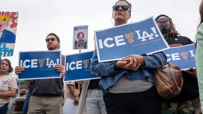 LOS ANGELES, CALIFORNIA - JUNE 11: People attend a news conference and rally at a closed car wash where workers were detained in U.S. Immigration and Customs Enforcement (ICE) raids in West Los Angeles over the weekend on June 11, 2025, in Los Angeles, California. Tensions in the city remain high with daily protests after the Trump istration called in the National Guard and the Marines against the wishes of Gov. Gavin Newsom and city leaders. (Photo by Spencer Platt/Getty Images)