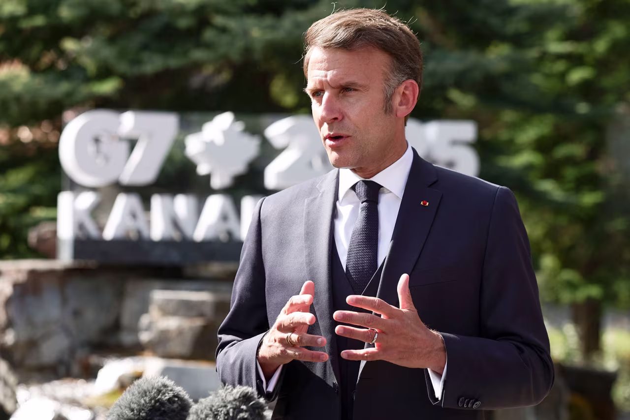 French President Emmanuel Macron speaks to the press during the G7 Summit at the Pomeroy Kananaskis Mountain Lodge in Kananaskis, Alberta, Canada on Monday.