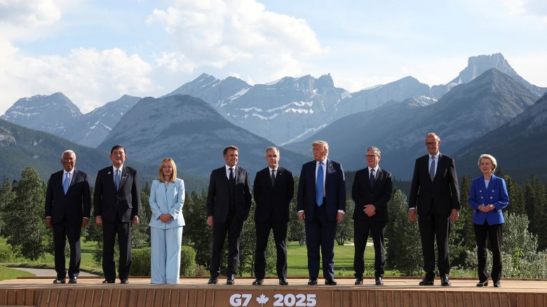 G7 leaders pose for a group photo on Monday in Kananaskis, Alberta, in Canada.