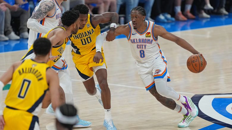 Oklahoma City Thunder forward Jalen Williams drives to the basket during Game 5 of the NBA Finals against the Indiana Pacers.