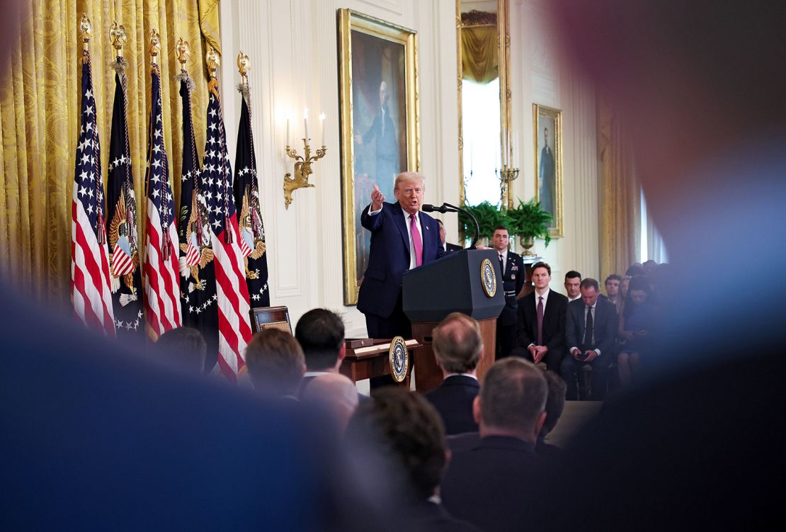 President Donald Trump will ask questions in the White House east room Thursday.