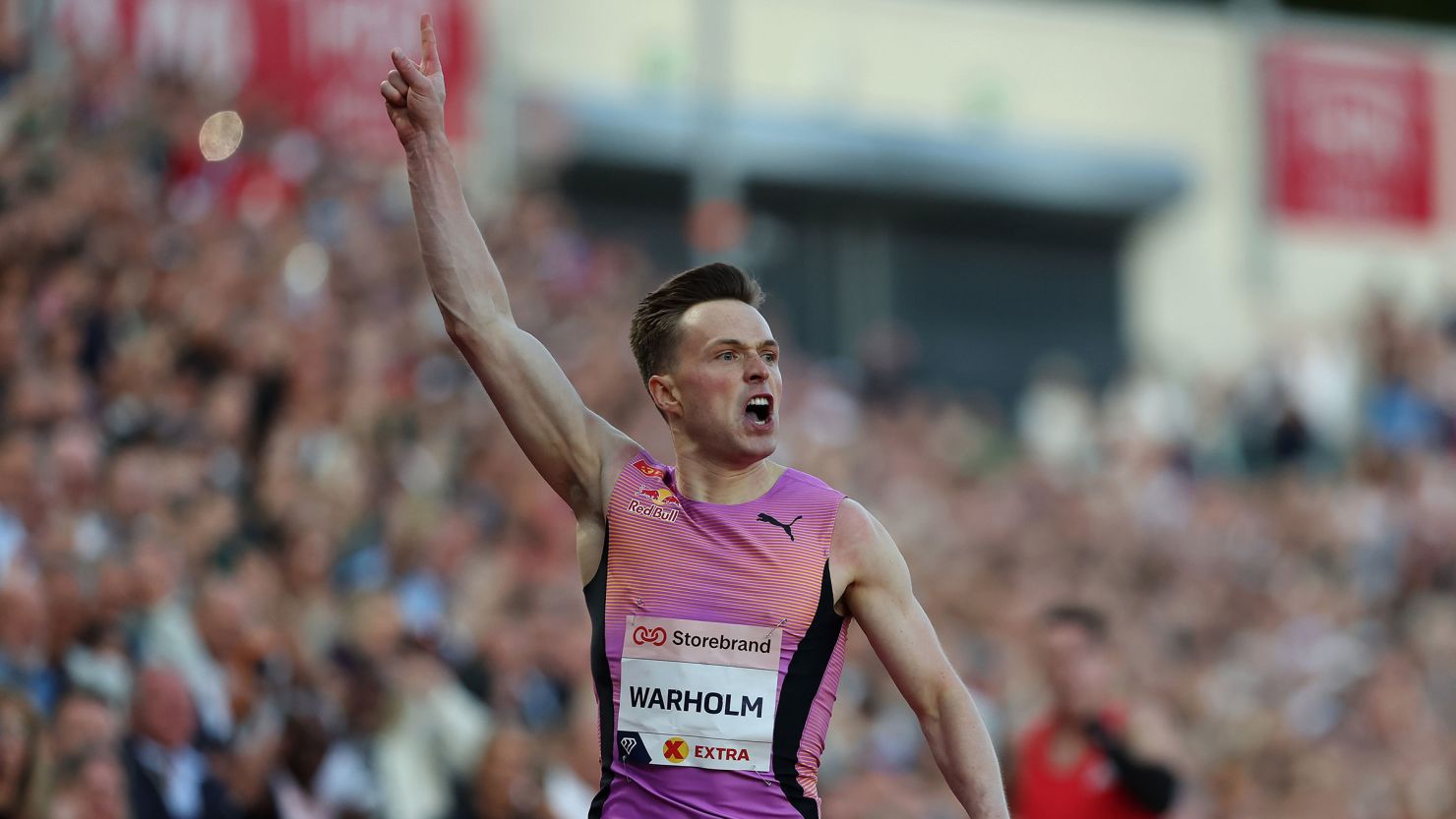 Warholm celebrates winning the 300m hurdles at the Oslo Diamond League.