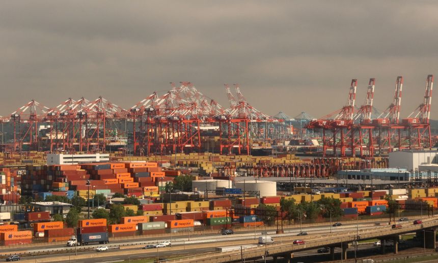 Shipping containers sit on the dock at the Port Newark Container Terminal in Newark, New Jersey, on June 10.