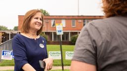 Ghazala Hashmi, the Democratic candidate for Lieutenant Governor, meets voters at the MAPS Global polling place in Richmond, Virginia, on June 17, 2025.