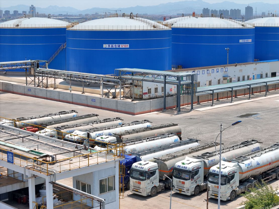 Aerial view of the storage facilities for petrochemical resources and products in east China's Shandong province in June.
