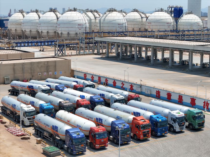Oil tankers gathered at the oil and gas reserve tank farm of Longkou Port Area, in Yantai City, Shandong Province, China, on June 17, 2025.