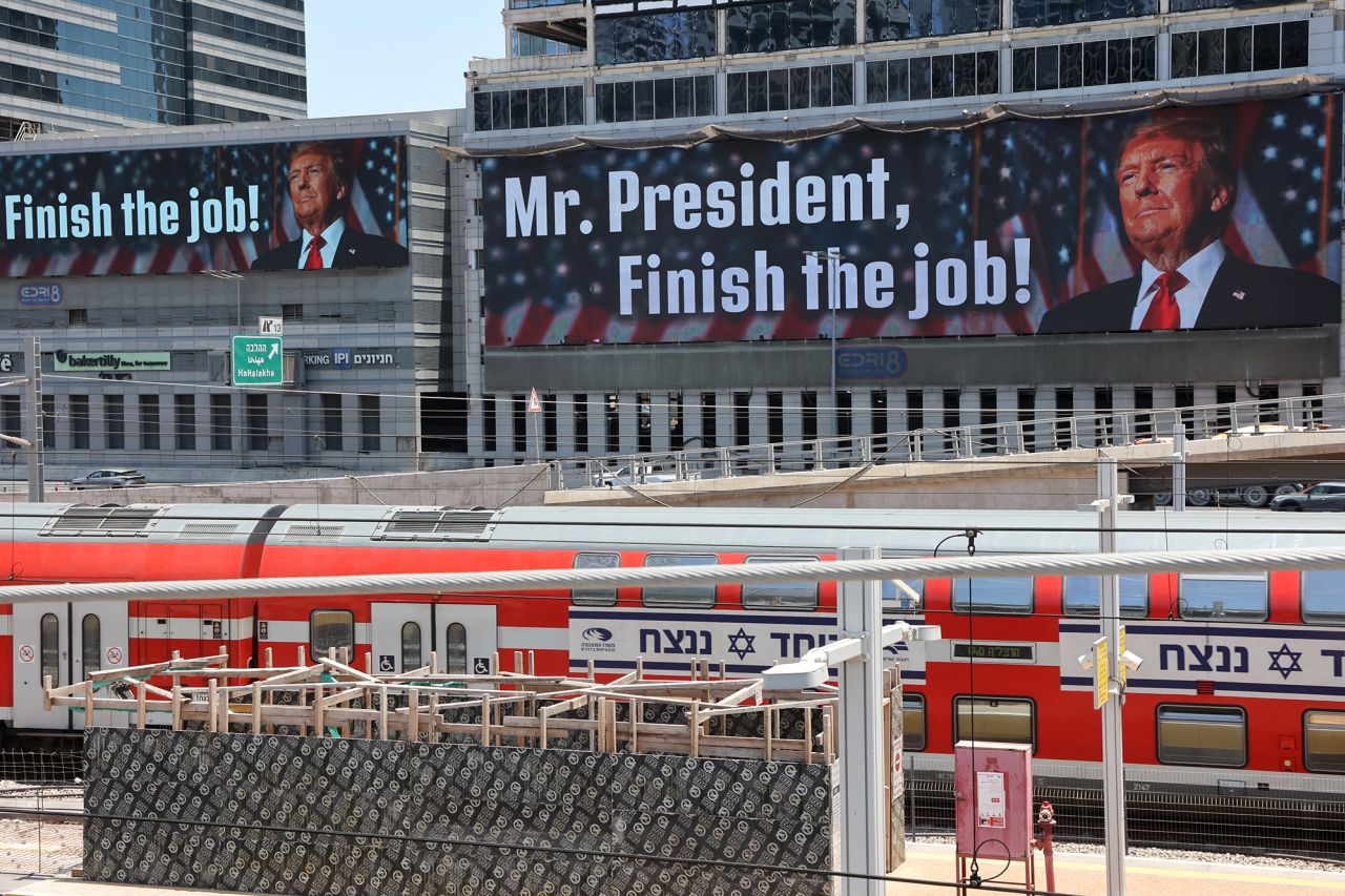A message addressed to US President Donald Trump is pictured in Tel Aviv, Israel, on Wednesday.
