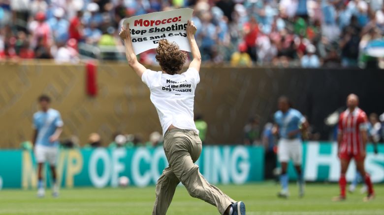 A PETA activist invades the pitch holding a sign that reads "Morocco, stop shooting dogs and cats" during the FIFA Club World Cup 2025 Group G football match between England's Manchester City and Morocco's Wydad AC at the Lincoln Financial Field stadium in Philadelphia on June 18, 2025. (Photo by FRANCK FIFE / AFP) (Photo by FRANCK FIFE/AFP via Getty Images)          