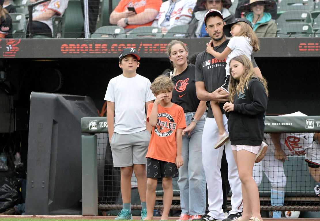 Baltimore Orioles pitcher Charlie Morton stands with his family prior to the game between the Los Angeles Angles and the Baltimore Orioles on June 15.