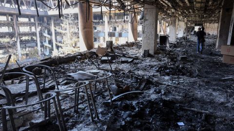 TOPSHOT - This picture shows the heavily damaged building of the Islamic Republic of Iran Broadcasting (IRIB) after it was hit a few days earlier in an Israeli strike, in Tehran, on June 19, 2025. Iran's deputy foreign minister warned the United States on June 19 against intervening in the war to back up its ally Israel, adding that his country was ready to defend itself in case of escalation. (Photo by AFP) (Photo by -/AFP via Getty Images)          