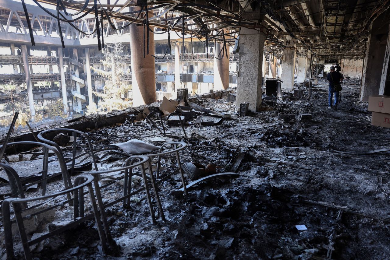 The damaged building of the Islamic Republic of Iran Broadcasting (IRIB) is seen after it was hit several days earlier in an Israeli strike, in Tehran, on Thursday.