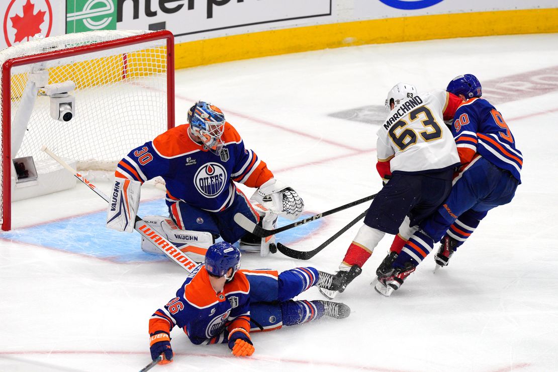 Florida Panthers' Brad Merchand scores his second goal of the night of the series in Game 5 of the Stanley Cup final.