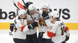 Eetu Luostarinen of the Florida Panthers celebrates a goal against the Edmonton Oilers with teammates Brad Marchand, Gustav Forsling and Anton Lundell of the Florida Panthers during the third period in Game Five of the 2025 Stanley Cup Final at Rogers Place on June 14, 2025 in Edmonton, Alberta, Canada.