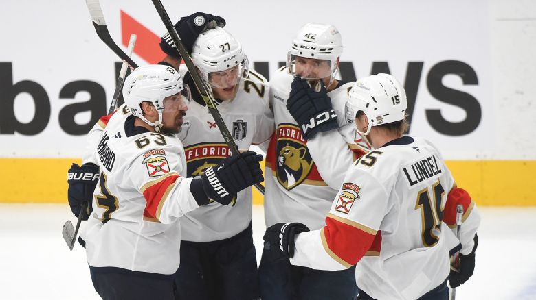 Eetu Luostarinen of the Florida Panthers celebrates a goal against the Edmonton Oilers with teammates Brad Marchand, Gustav Forsling and Anton Lundell of the Florida Panthers during the third period in Game Five of the 2025 Stanley Cup Final at Rogers Place on June 14, 2025 in Edmonton, Alberta, Canada.