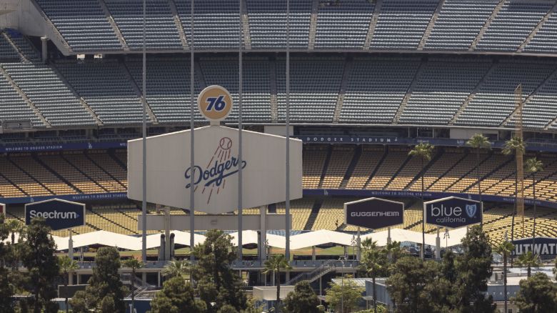 An overview of Dodgers Stadium is seen in Los Angeles, California on June 19, 2025. Federal immigration agents were barred from entering Dodger Stadium on June 19 after requesting access to the Major League Baseball team's grounds, the team confirmed. US Immigration and Customs Enforcement (ICE) agents arrived at the stadium and "requested permission to access the parking lots," the Dodgers said in a statement. (Photo by ETIENNE LAURENT / AFP) (Photo by ETIENNE LAURENT/AFP via Getty Images)          
