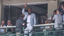 CHICAGO, ILLINOIS - JUNE 20: Former Chicago Cubs star Sammy Sosa waves to the crowd in the second inning during a game against the Seattle Mariners at Wrigley Field on June 20, 2025 in Chicago, Illinois. (Photo by Geoff Stellfox/Getty Images)