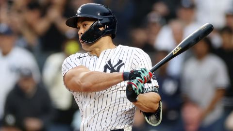 NEW YORK, NEW YORK - JUNE 16: Giancarlo Stanton #27 of the New York Yankees grounds out during the first inning against the Los Angeles Angels at Yankee Stadium on June 16, 2025 in the Bronx borough of New York City. (Photo by Sarah Stier/Getty Images)