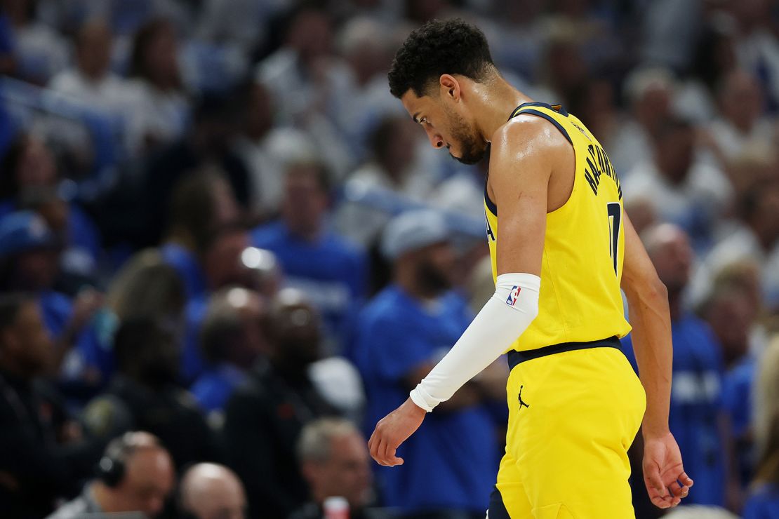 Indiana Pacers guard Tyrese Haliburton walks off the court during the first quarter in Game 5 of the NBA Finals against the Oklahoma City Thunder.