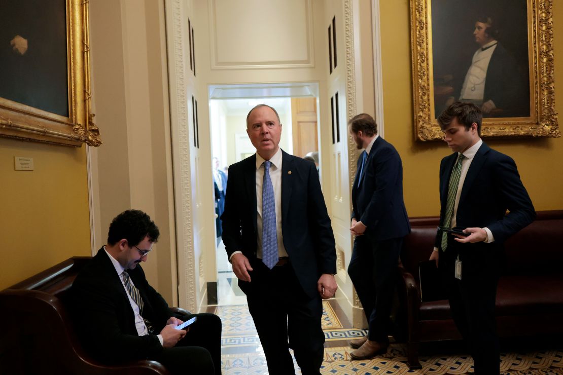 Sen. Adam Schiff leaves a closed-door Senate-wide briefing at the US Capitol on Tuesday, June 17, 2025.