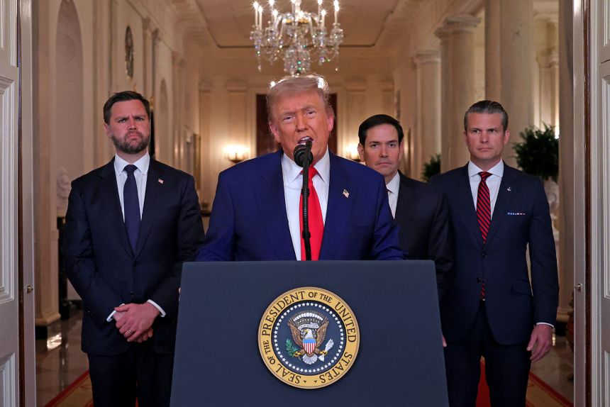 US President Donald Trump addresses the nation, alongside Vice President JD Vance, left, Secretary of State Marco Rubio and Secretary of Defense Pete Hegseth, from the White House on June 21, following the announcement that the US bombed nuclear sites in Iran.