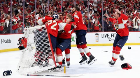 The Florida Panthers celebrate after defeating the Edmonton Oilers and winning the Stanley Cup in Game Six of the 2025 Stanley Cup Final at Amerant Bank Arena on June 17, 2025 in Sunrise, Florida.