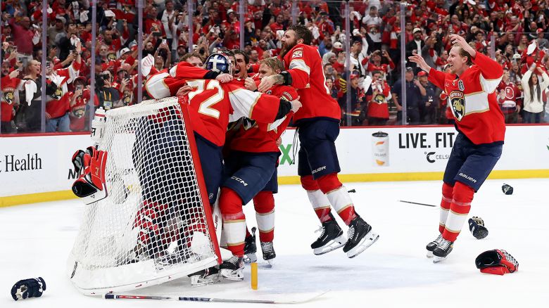 The Florida Panthers celebrate after defeating the Edmonton Oilers and winning the Stanley Cup in Game Six of the 2025 Stanley Cup Final at Amerant Bank Arena on June 17, 2025 in Sunrise, Florida.