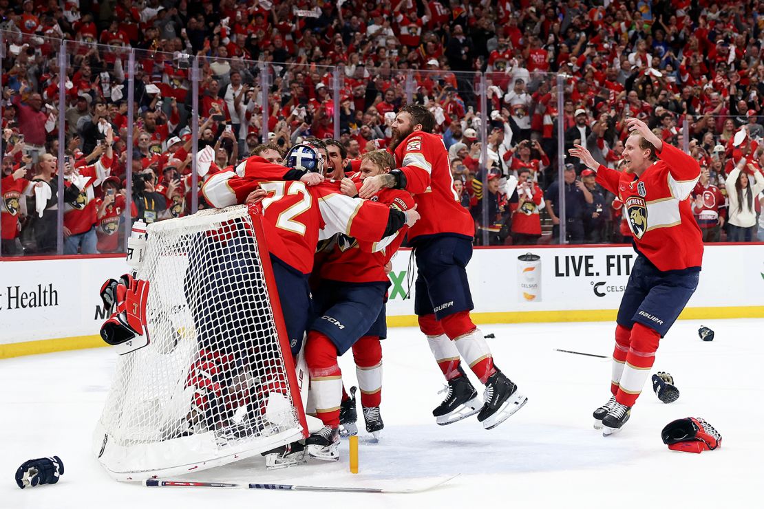 The Florida Panthers celebrate after defeating the Edmonton Oilers and winning the Stanley Cup in Game Six of the 2025 Stanley Cup Final.
