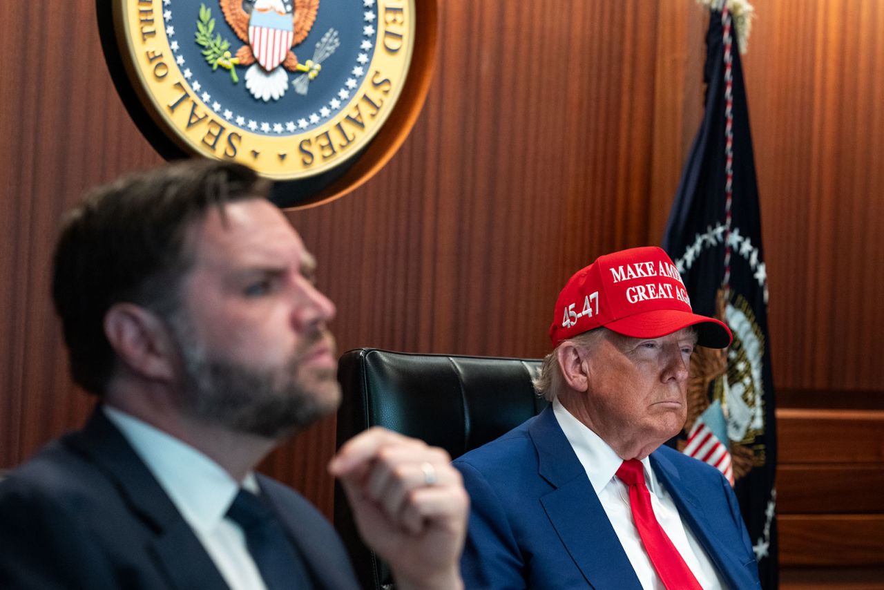 US President Donald Trump and Vice President JD Vance sit in the White House Situation Room on Saturday as they monitor the mission that took out three Iranian nuclear enrichment sites.
