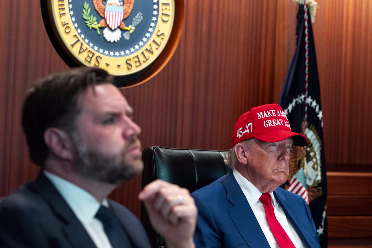 US President Donald Trump and Vice President JD Vance sit in the White House Situation Room on Saturday as they monitor the mission that took out three Iranian nuclear enrichment sites.