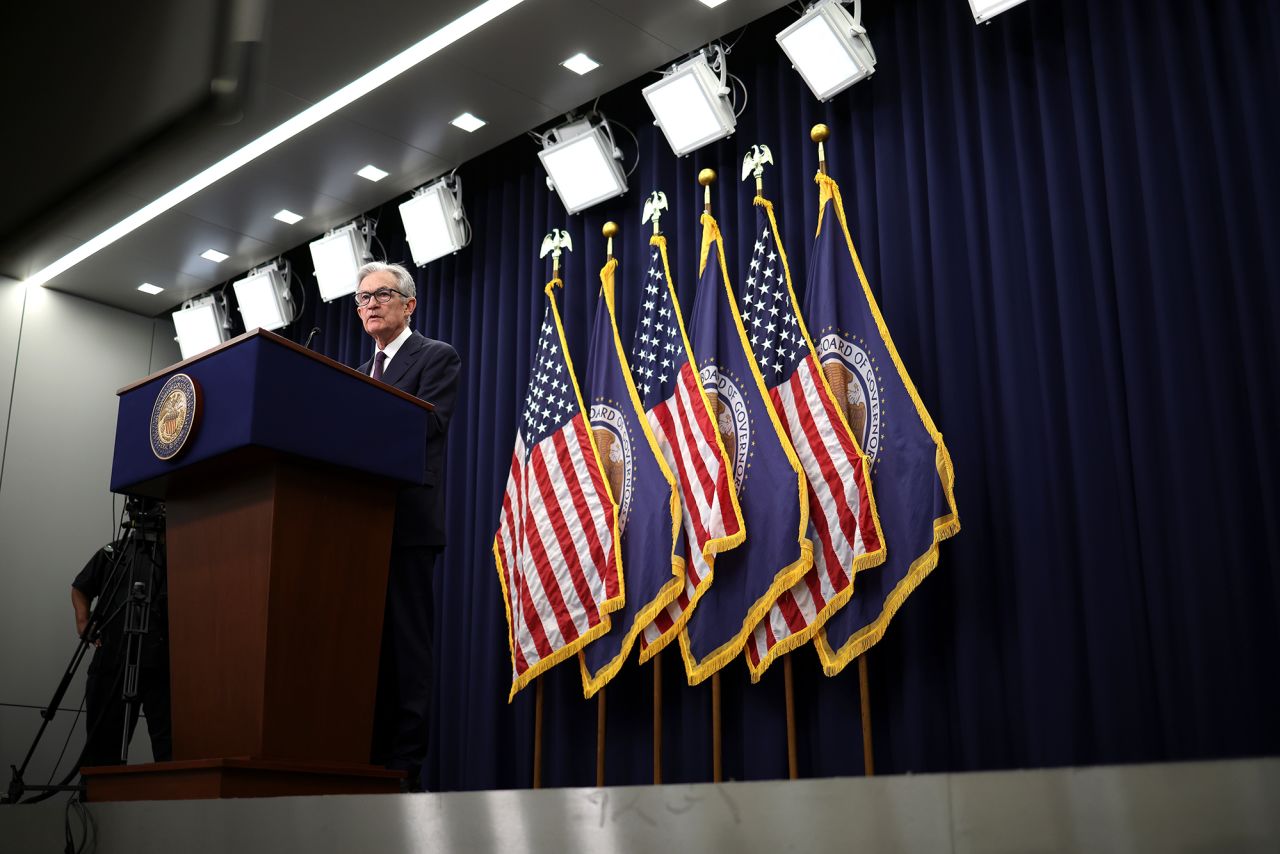 Federal Reserve Board Chairman Jerome Powell holds a news conference following a Federal Open Market Committee meeting today in Washington, DC.