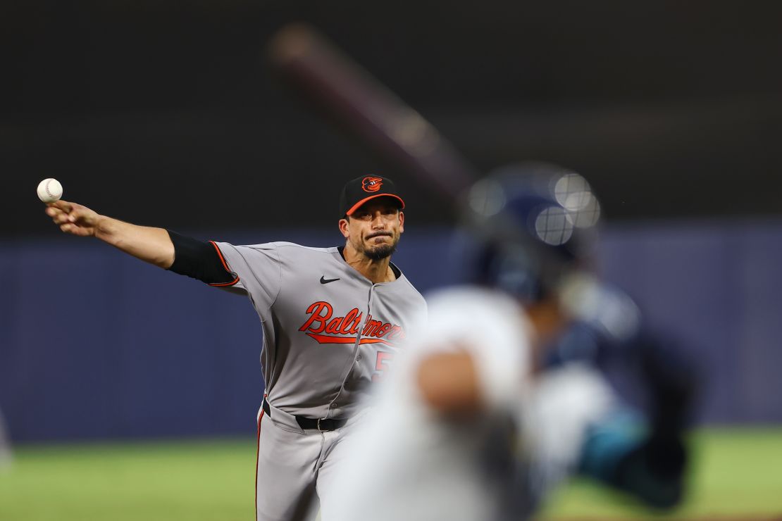 Charlie Morton delivers a pitch to José Caballero of the Tampa Bay Rays in the third inning at George M. Steinbrenner Field on June 19.