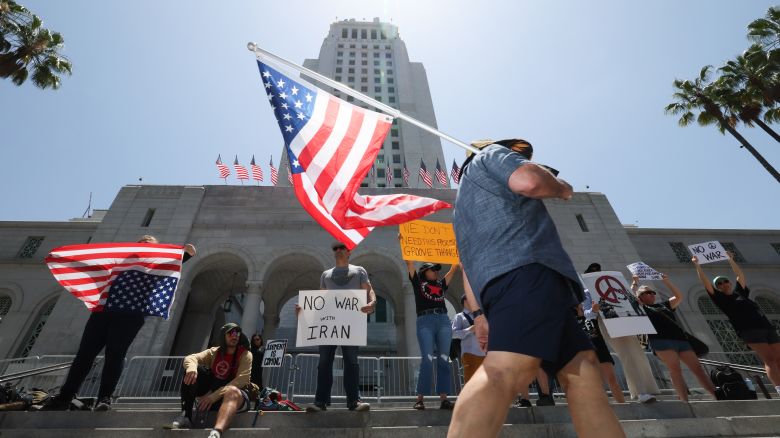 LOS ANGELES, CA - JUNE 22: Protesters rally in front of Los Angeles City Hall to protest against military action and war in Iran on Sunday, June 22, 2025 in Los Angeles, CA.(Robert Gauthier / Los Angeles Times via Getty Images)