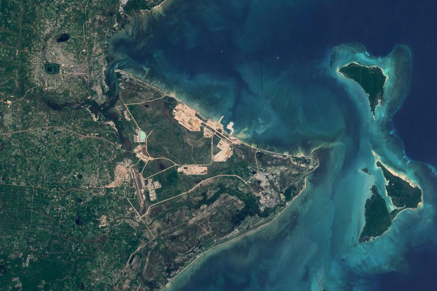 A satellite view from May shows the TotalEnergies Mozambique LNG project under construction in Afungi, in Cabo Delgado's Palma district. Insecurity in the region has delayed its development.