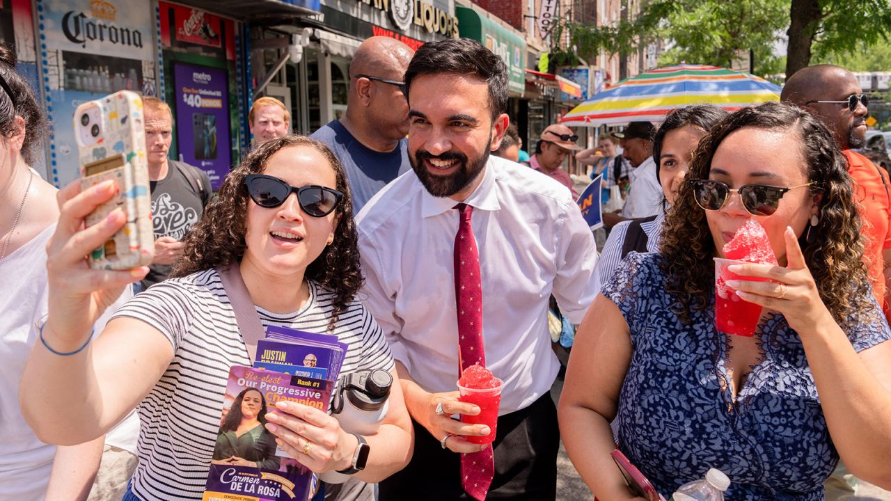 Zohran Mamdani greets supporters during a campaign event in New York, US, on Monday, June 23, 2025.