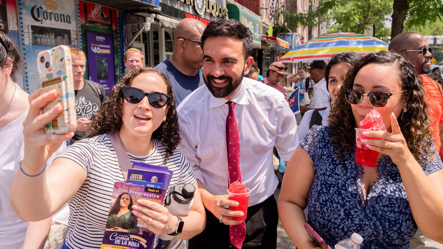 Zohran Mamdani greets supporters during a campaign event in New York, US, on Monday, June 23, 2025.