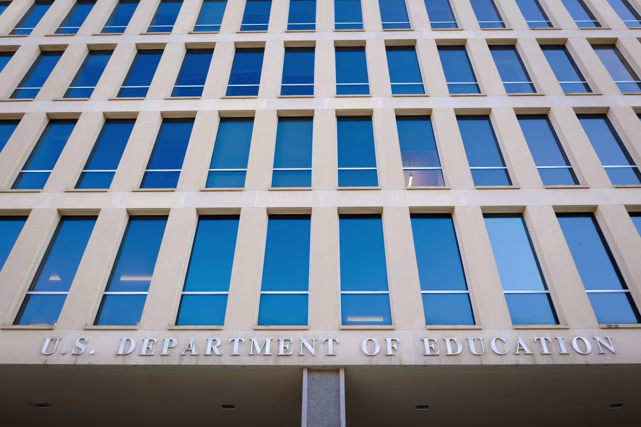 A sign marks the entrance to the US Department of Education headquarters building in Washington, DC, on June 20.