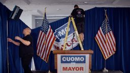 Workers dismantle the stage during Andrew Cuomo's election-night watch party for the Democratic primary in New York City on June 24.
