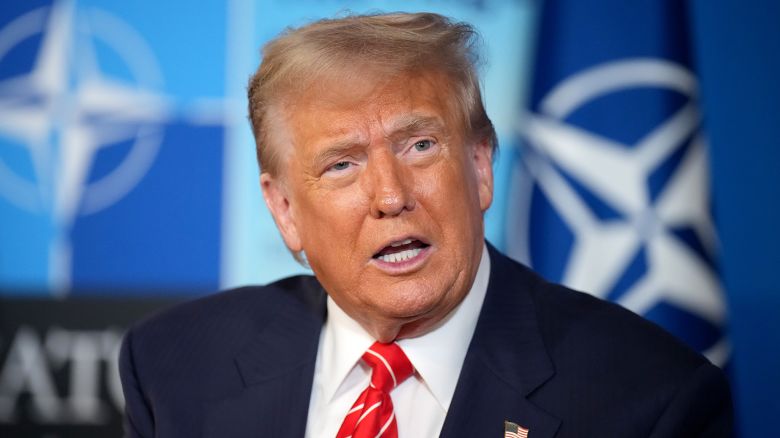 THE HAGUE, NETHERLANDS - JUNE 25: U.S. President Donald Trump speaks to media at the start of the second day of the 2025 NATO Summit on June 25, 2025 in The Hague, Netherlands. Among other matters, members are to approve a new defense investment plan that raises the target for defense spending to 5% of GDP. (Photo by Andrew Harnik/Getty Images)