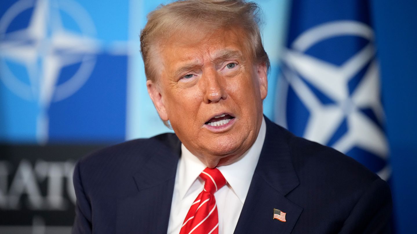 THE HAGUE, NETHERLANDS - JUNE 25: U.S. President Donald Trump speaks to media at the start of the second day of the 2025 NATO Summit on June 25, 2025 in The Hague, Netherlands. Among other matters, members are to approve a new defense investment plan that raises the target for defense spending to 5% of GDP. (Photo by Andrew Harnik/Getty Images)