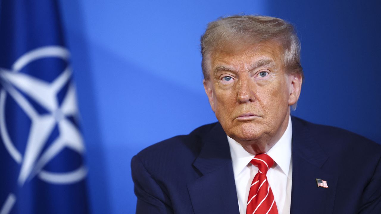 US President Donald Trump looks on next to NATO Secretary General Mark Rutte (not pictured) at the NATO summit of heads of state and government in The Hague on June 25, 2025.